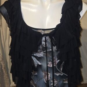 Black and Gray Ruffled Tie Front Blouse